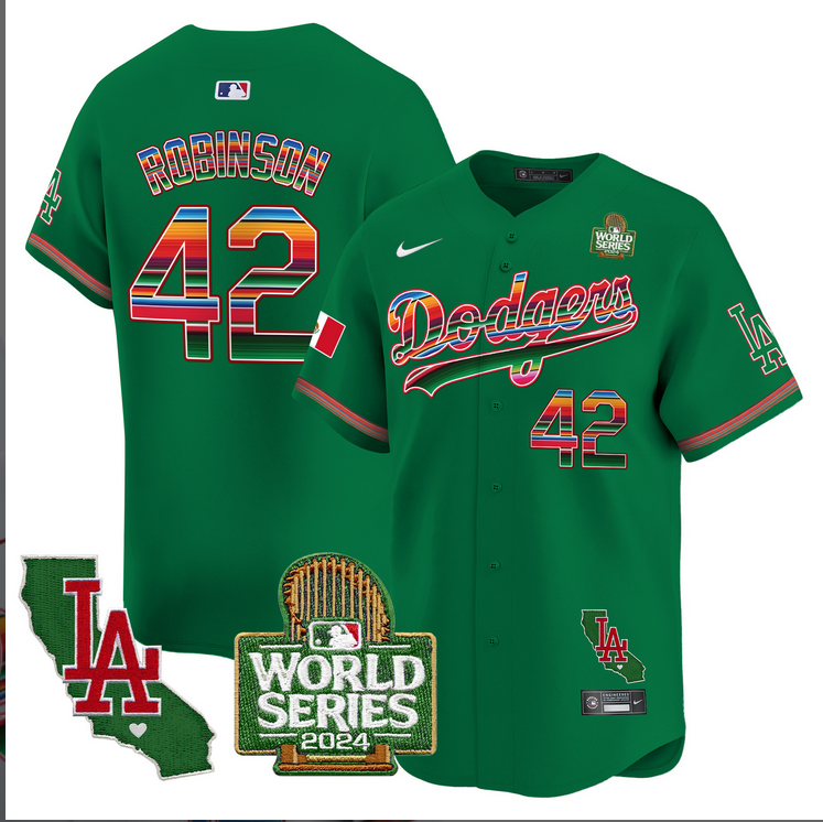 Men MLB Mexico Los Angeles Dodgers #42 Robinson green 2024 World Series Champions Patch Jersey 20241105